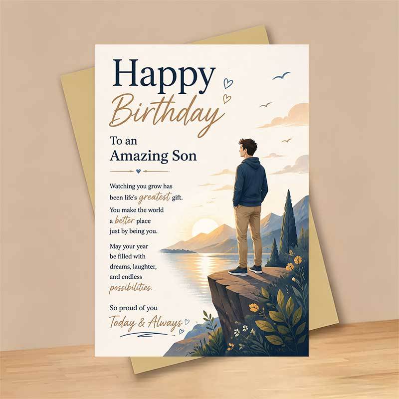 TEMU 1 Greeting Card + 1 Envelope Warm Scenic Birthday Greeting Card, Young For Man Looking At Happy Birthday To An Amazing Son, For Family, Birthday