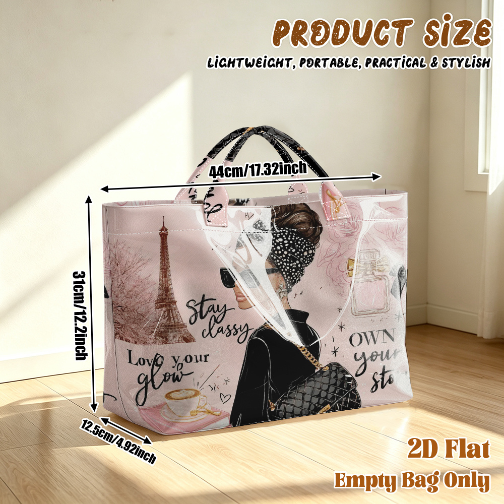 TEMU 1pc Reusable Grocery Bags, 2d Flat Printing Elegant Parisian Lady Pattern Pvc Large Capacity Travel Tote Bag, Shopping Bag, Commuting Bag, Beach