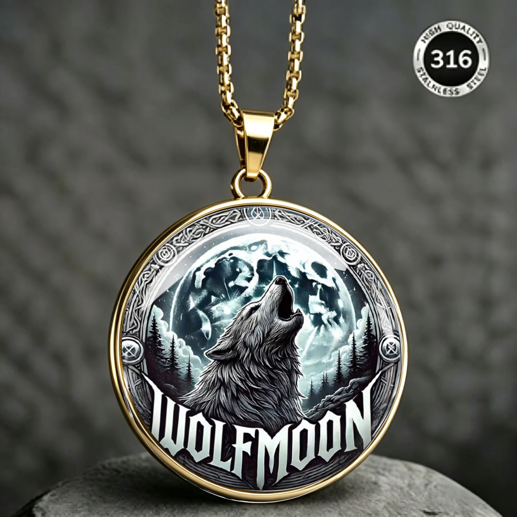 Men's Howling Wolf Pendant Necklace, Night Sky Design