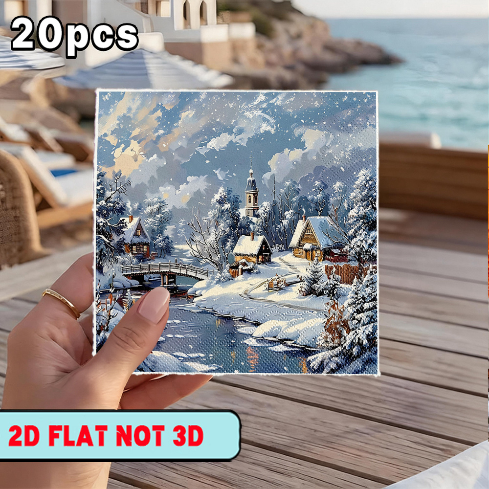 TEMU [2d Flat] 20pcs Napkins, With Snowy River , Suitable For Party Paper, Outdoor For Party Paper, Western Restaurant Paper, Household Kitchen