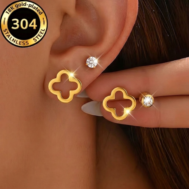 TEMU 4pcs Simple 304 Stainless Steel Shiny 4 Claw Micro Inlaid Double Head Earnail, Hollow Flower Earnail Set - Unisex Jewelry, Valentine's