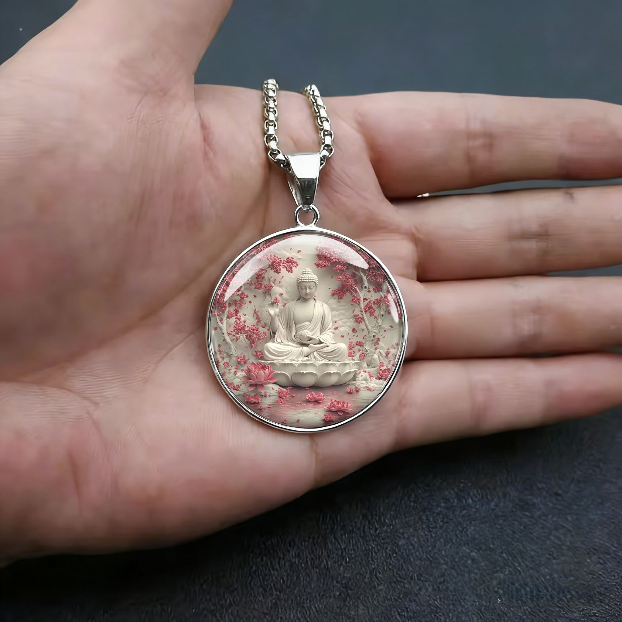Men's Zen Buddha Cherry Blossom Lotus Pendant Necklace