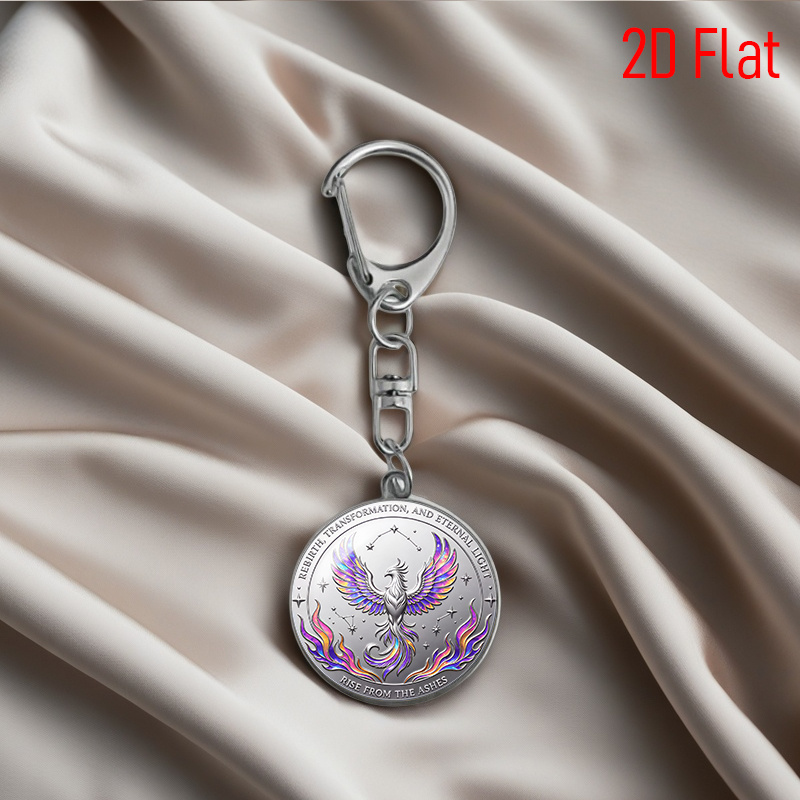 TEMU 2d Flat, 1pc 2d Flat Stylish Elegant Iridescent Phoenix Pattern Alloy Convex Round Glass Keychain Accessory Perfect Gift For Family & Suitable