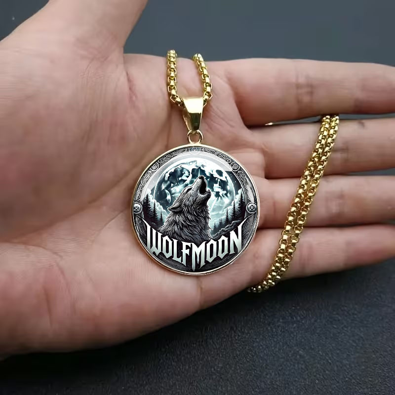 Men's Howling Wolf Pendant Necklace, Night Sky Design