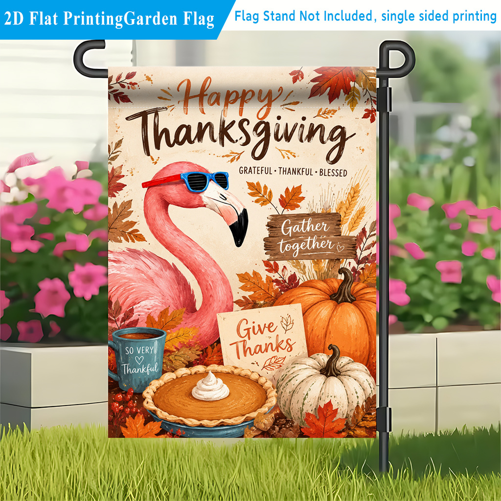 TEMU 2d Flat - 2d Flat - 2d Flat Garden Flag 1pc, Thanksgiving Flamingo Gathering, Flag Home Decor For Porch And Patio; Garden Flag For Halloween And