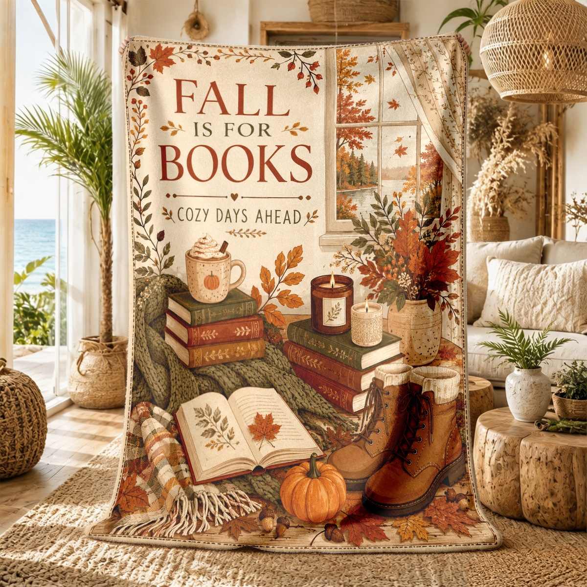 Image of 1pc Fall Is For Books Reading Nook With Pumpkin Throw Blanket For Thanksgiving, Harvest Parties And Fall , , Bed And Farmhouse Decor, Gift Idea For Fall Lovers And Housewarming Recipients