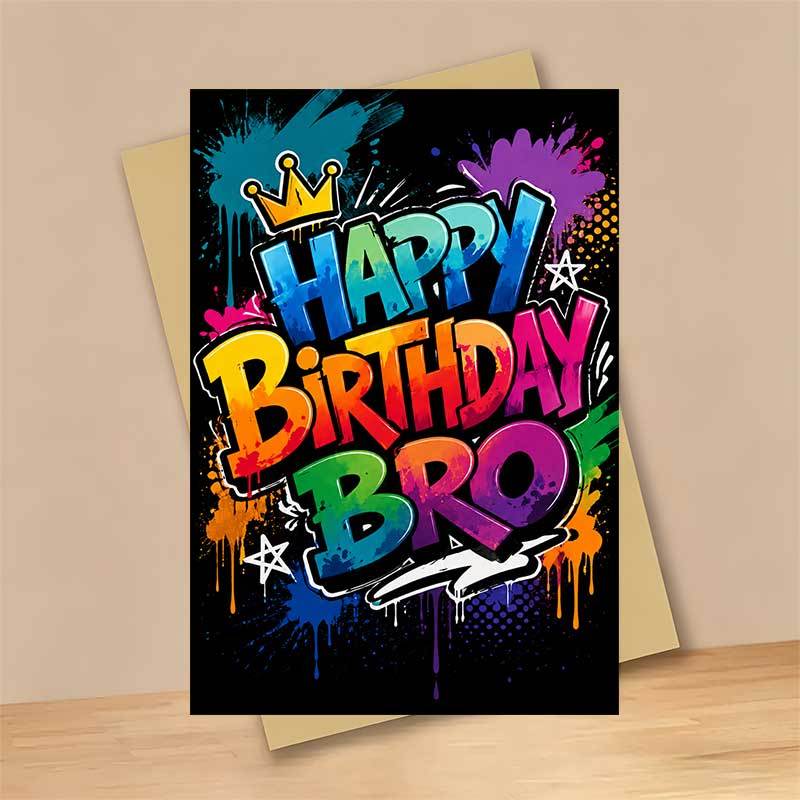 TEMU 1 Greeting Card + 1 Envelope Vibrant Graffiti Birthday Greeting Card, Colorful Crown And With Happy Birthday Bro Text, For Brother, Birthday