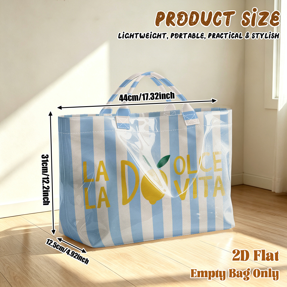 TEMU 1pc Large Capacity Pvc Reusable Tote Bag With Lemon Print Suitable For Travel, Gym, Beach, Commuting - Stripes, Grocery Bag For Yoga, Fitness,
