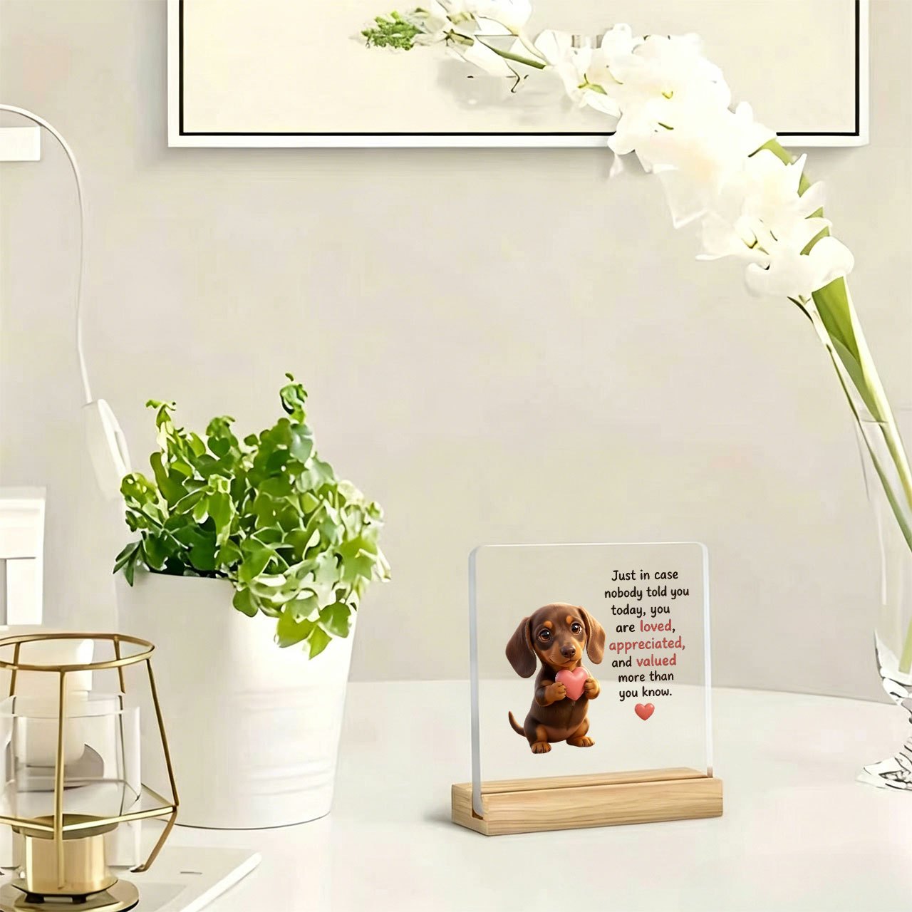 TEMU 1pc Dachshund Holding A Heart Decorative Stand And Paperweight, Inspirational And Message, Acrylic Ornament, Home Decoration, With Wooden Base,