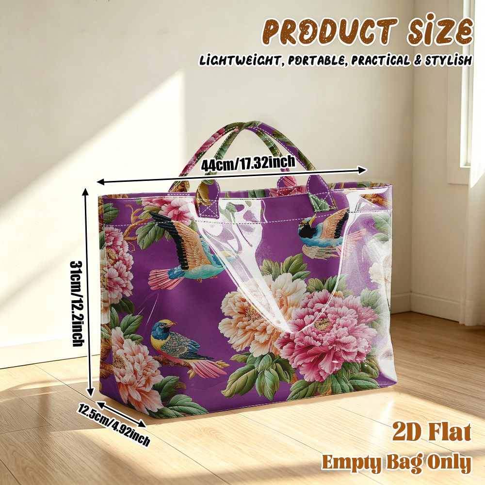 TEMU 1pc Reusable Grocery Bags, 2d Flat Printing Colorful Birds And Peony Flowers Pattern Pvc Large Capacity Travel Tote Bag, Shopping Bag, Commuting