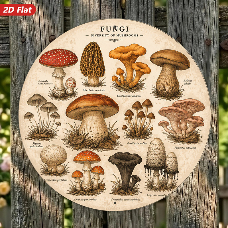 TEMU 2d Flat, 1pc Art Round Metal Sign Wall Art, Ideal For Dining Room Living Room Corner, Vintage , Diversity Of Mushrooms Text, Home Decor,