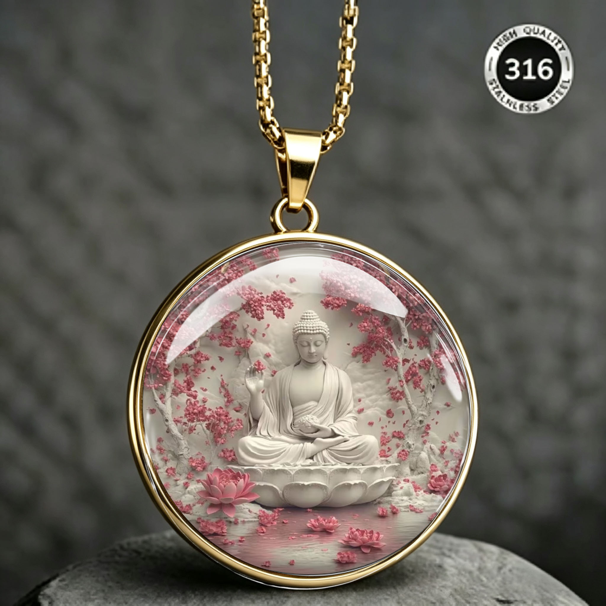 Men's Zen Buddha Cherry Blossom Lotus Pendant Necklace