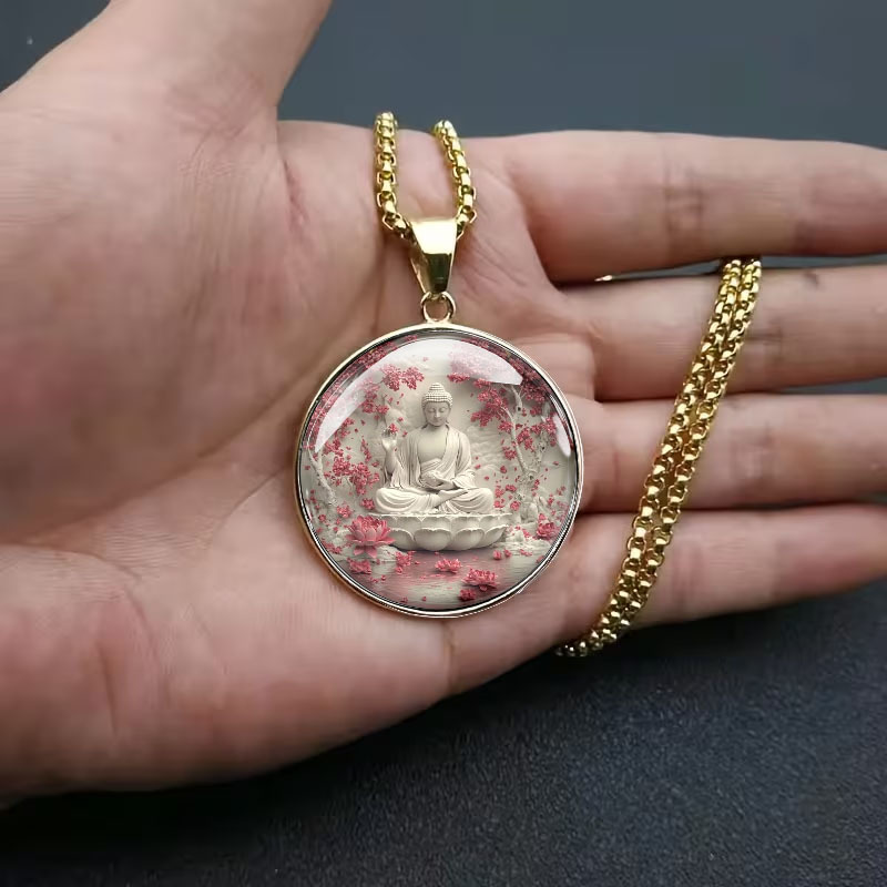 Men's Zen Buddha Cherry Blossom Lotus Pendant Necklace