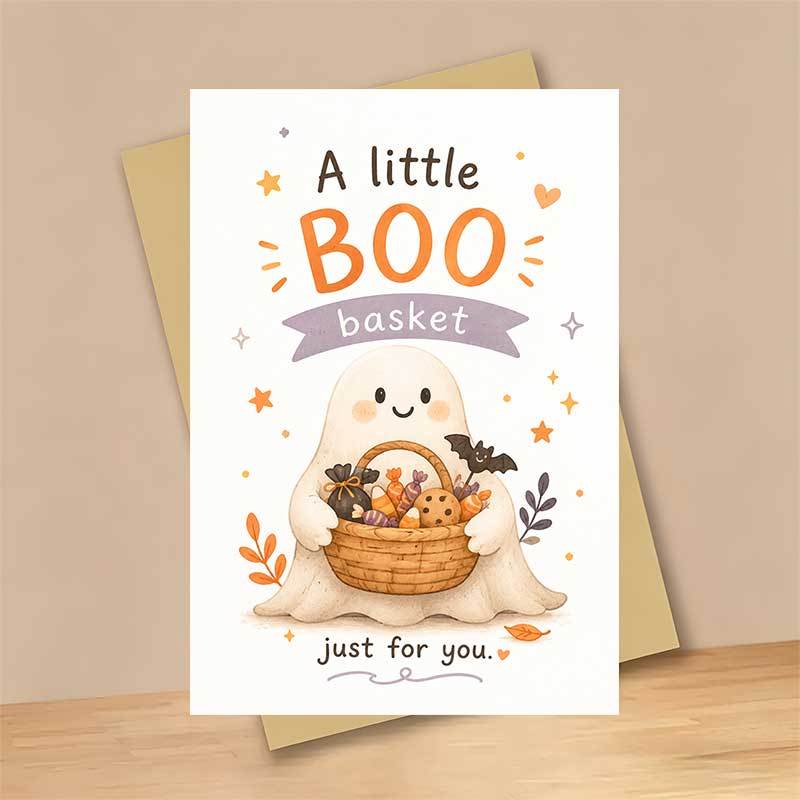 TEMU 1 Greeting Card + 1 Envelope Adorable Halloween Greeting Card, Cute Holding Candy Basket "a Little Boo Basket ", For , Halloween Cozy Art