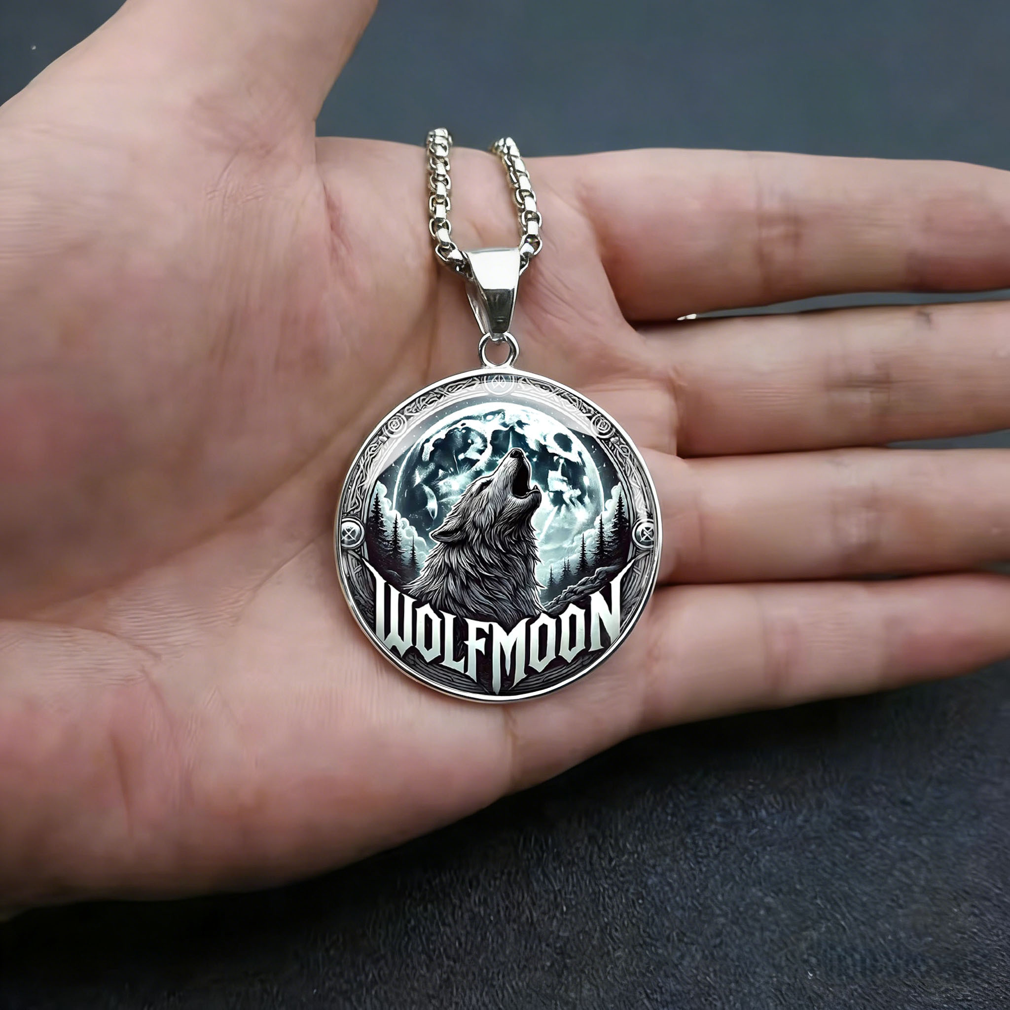 Men's Howling Wolf Pendant Necklace, Night Sky Design