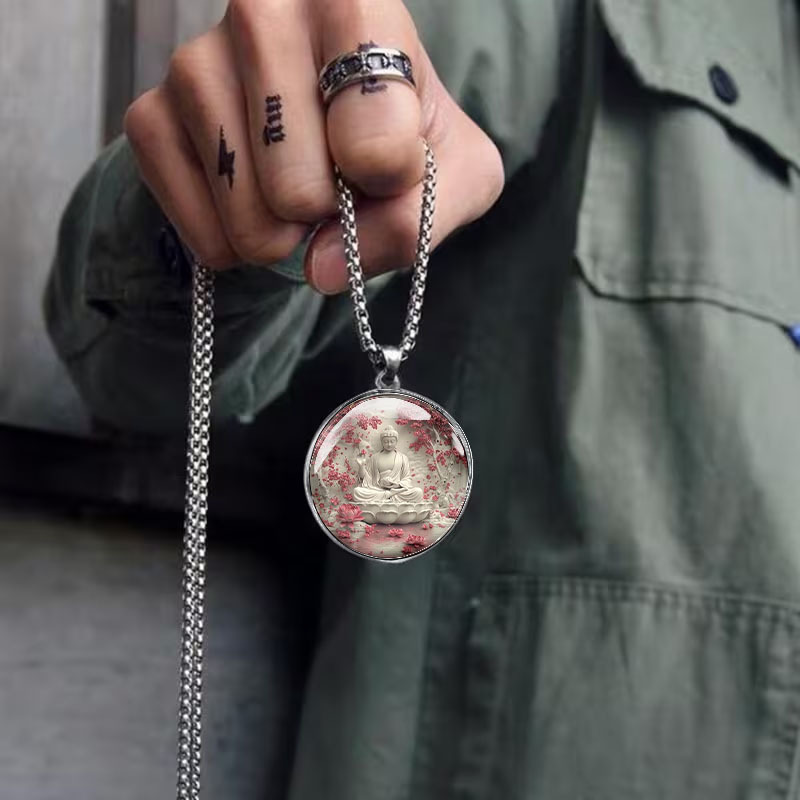 Men's Zen Buddha Cherry Blossom Lotus Pendant Necklace
