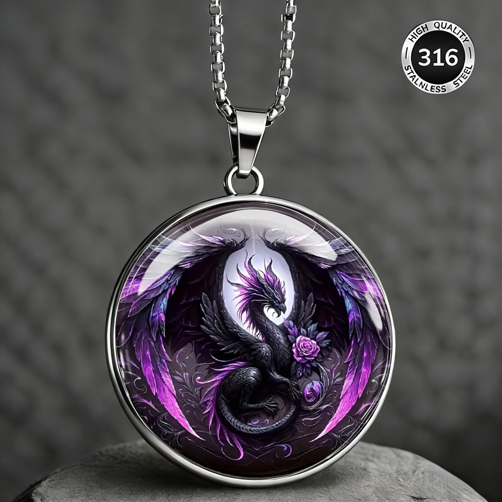 TEMU 2dflat Men's 316 304 Stainless Steel Necklace, Purple Dragon And Rose Pattern, Rust-resistant And Wear-resistant, Fashionable Everyday Jewelry,