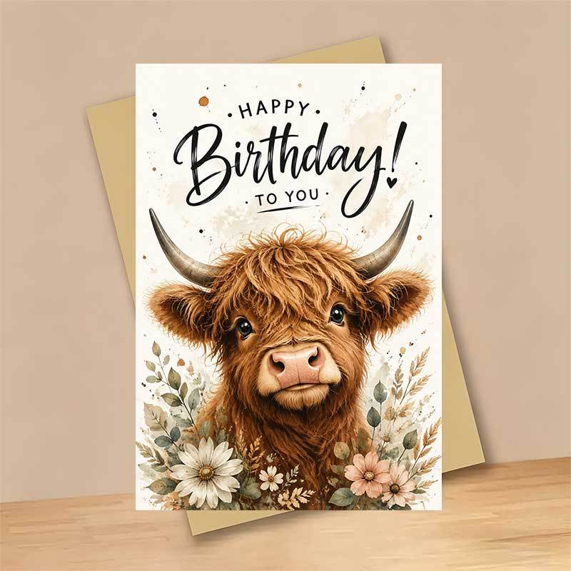 TEMU 1 Greeting Card And 1 Envelope Adorable Highland Cow Birthday Greeting Card, Fluffy Animal With Flowers Happy Birthday To You, For , Birthday