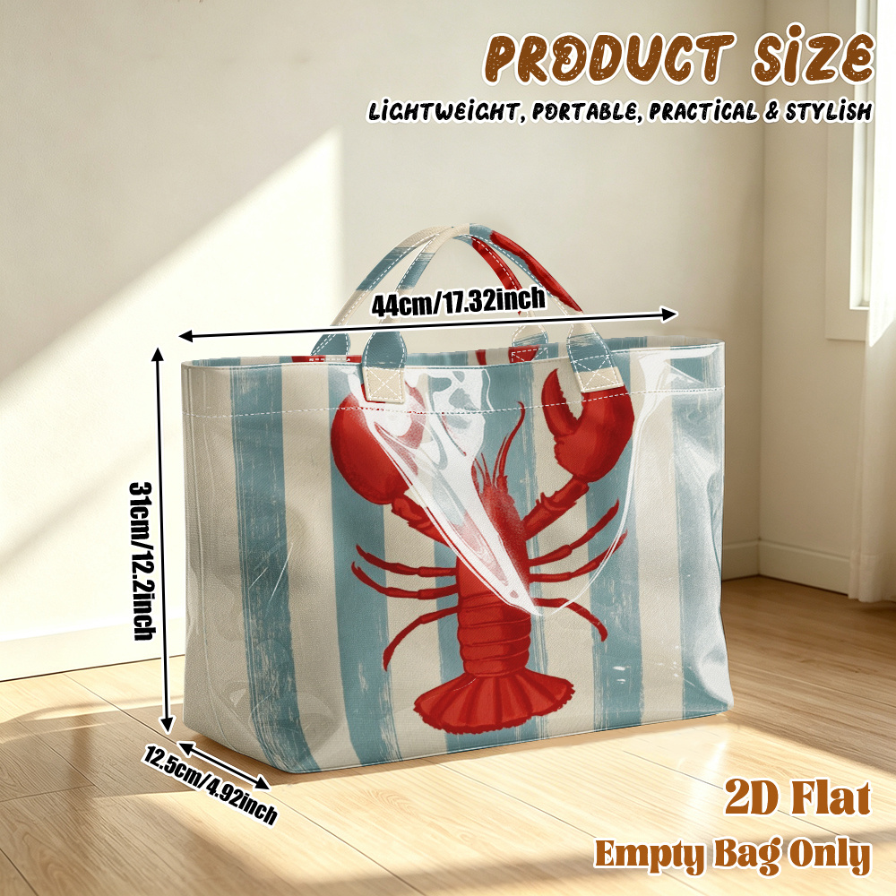 TEMU 1pc Large Capacity Pvc Reusable Tote Bag Suitable For Travel, Gym, Beach & Shopping - Lobster Print Striped Grocery Bag With Hot Transfer,