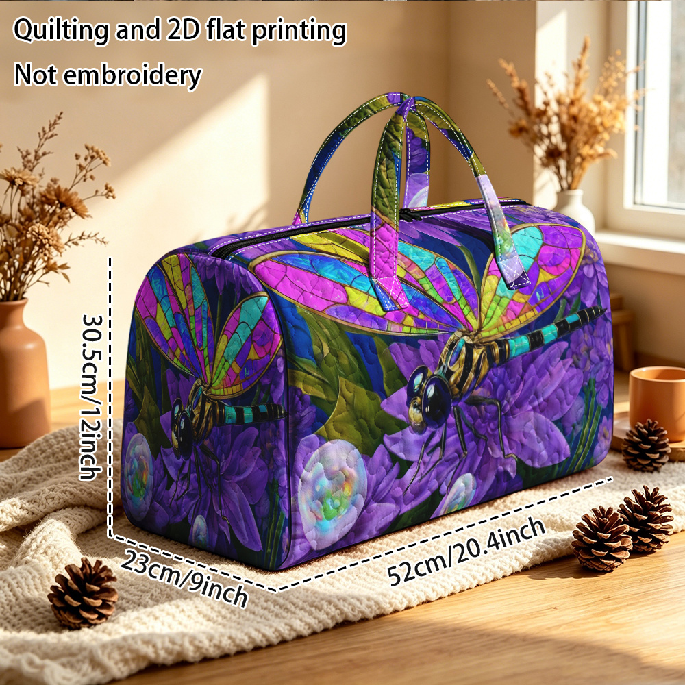 TEMU Quilting And 2d Flat Printing Not Dragonfly On Purple Quilted Tote Bag, Quilted Travel Bag, Quilted Duffle Bag, For Large Capacity Tote Travel