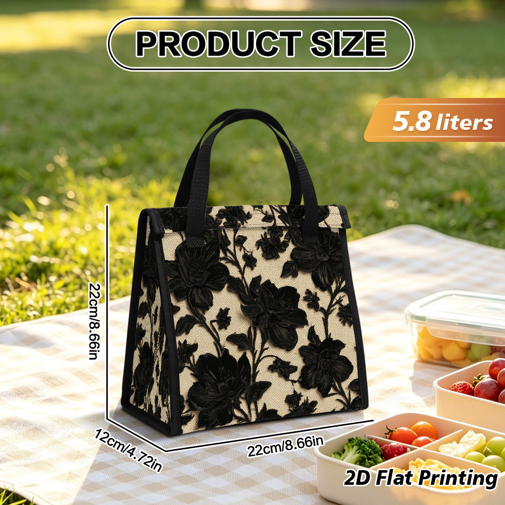 TEMU 1pc 2d Flat 5.8l Black Floral Lace Insulated Lunch Tote Bag With Double-sided Print, Non-food Contact, For Picnic Outing, Travel And Prep,