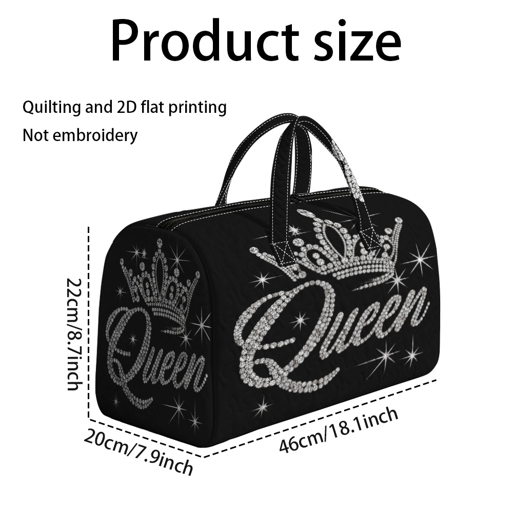 TEMU 2d Flat 1pc Quilted Tote Handbag Queen Crown Script Pattern Print Luggage Bag Suitable For Small-town And (non-food Contact)