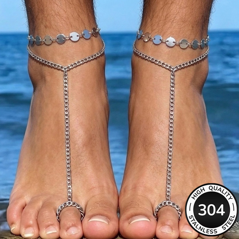 TEMU 4pcs: Unisex Flat Disc Toe Anklet, Casual Seaside 304 Stainless Steel Foot Accessory, Multiple Styles