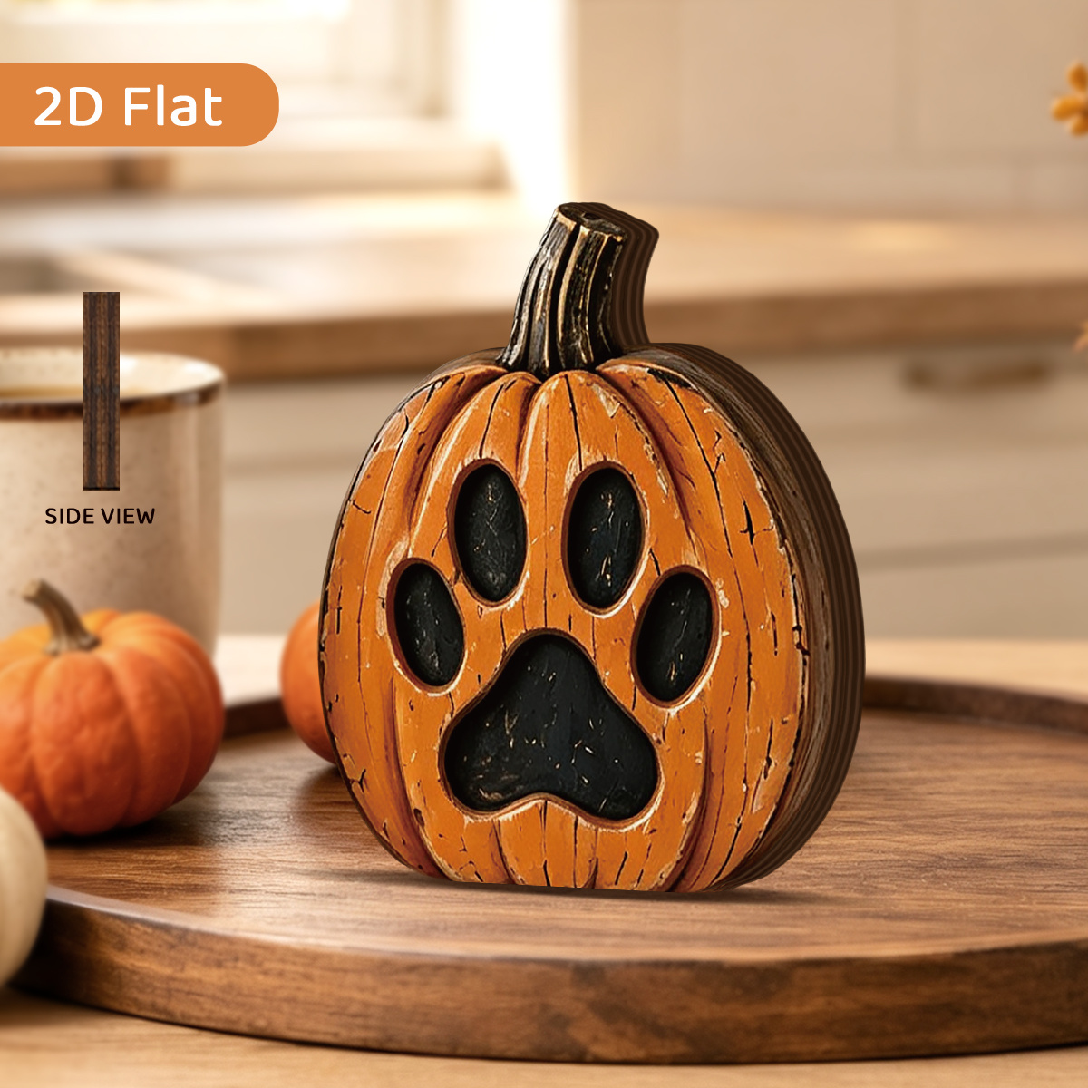 TEMU 1pc 2d Flat Vintage Distressed Wooden Decorative Sign, Pumpkin Tabletop Ornament Carved With Dog Paw Print Pattern, Rustic Farmhouse Autumn Fall