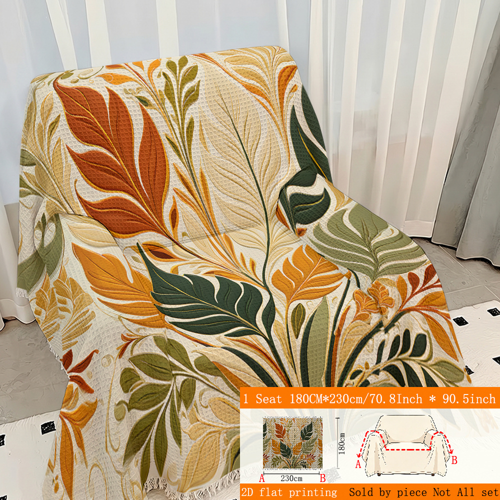 TEMU 1pc 2d Flat Printing Autumn Botanical Vintage Pattern Waffle Weave Sofa Towel, Universal Sofa Cushion Integrated Sofa Cover With Tassels, Sofa