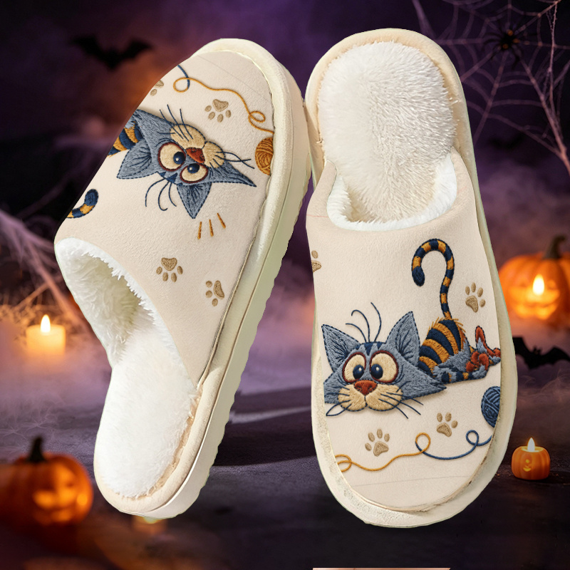 TEMU Chaussons tricotés pour femme et unisexe avec motif de chat brodé - Semelle souple adaptée à toutes , semelle et tige en tissu, douillets/de