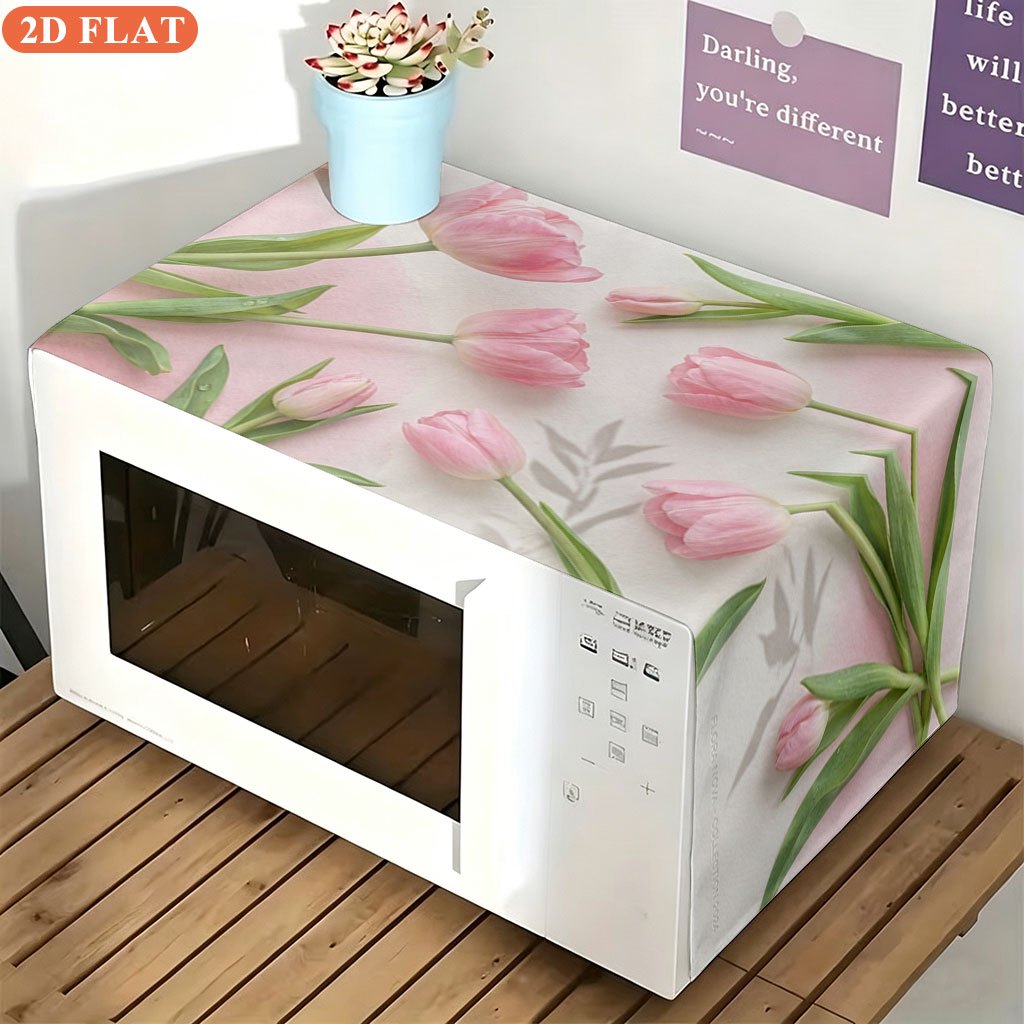 TEMU 2d Flat 1pc, Pink Tulip Flowers, Themed Print Microwave Dust Cover - Easy-to-clean Kitchen Decor, Suitable For Microwaves, Refrigerators, And