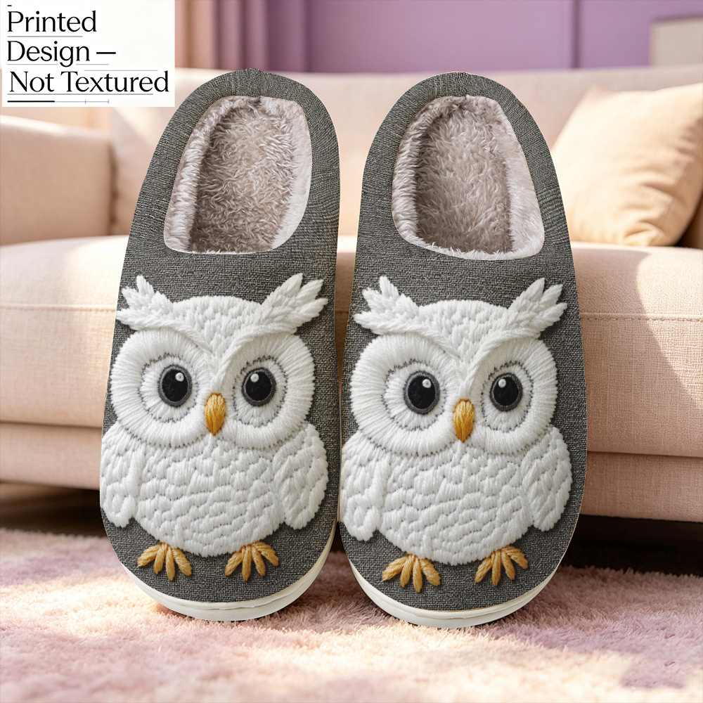 TEMU Printed Design â Not Textured White Embroidery-style Printed Owl Pattern Slippers, Unisex Indoor/outdoor Slippers, Suitable As A Gift, Elegant