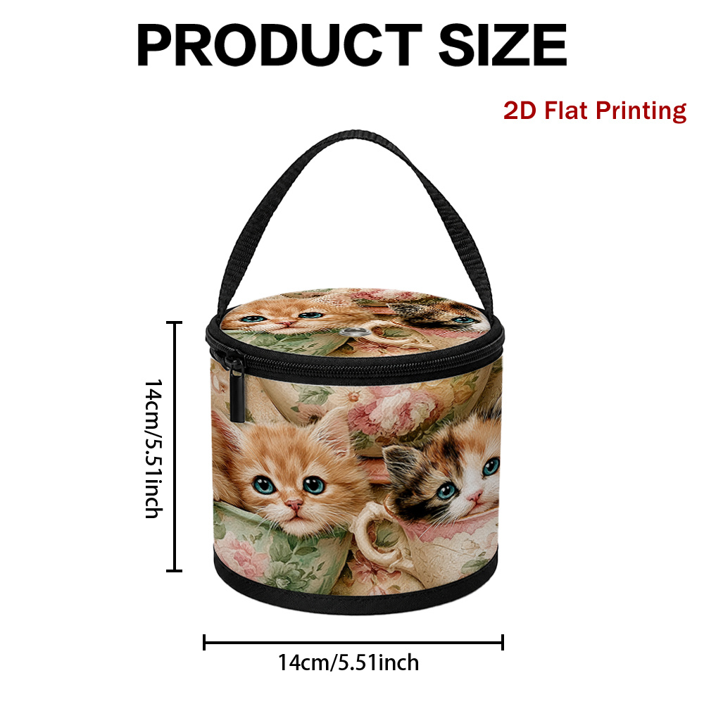 TEMU 1pc Kittens In Floral Teacups Background Print Foldable Yarn Storage Holder Basket, Portable Organizer Bag For Knitting, Crochet, Crafts And