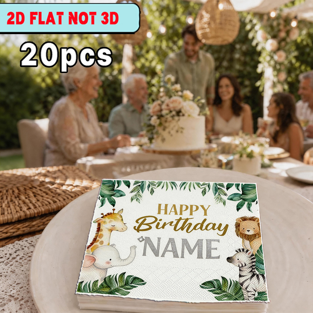 TEMU [2d Flat] 20pcs Customizable Napkin, With Jungle Animals Happy Birthday Name , Suitable For Party Paper, Outdoor Party Paper, Western Restaurant