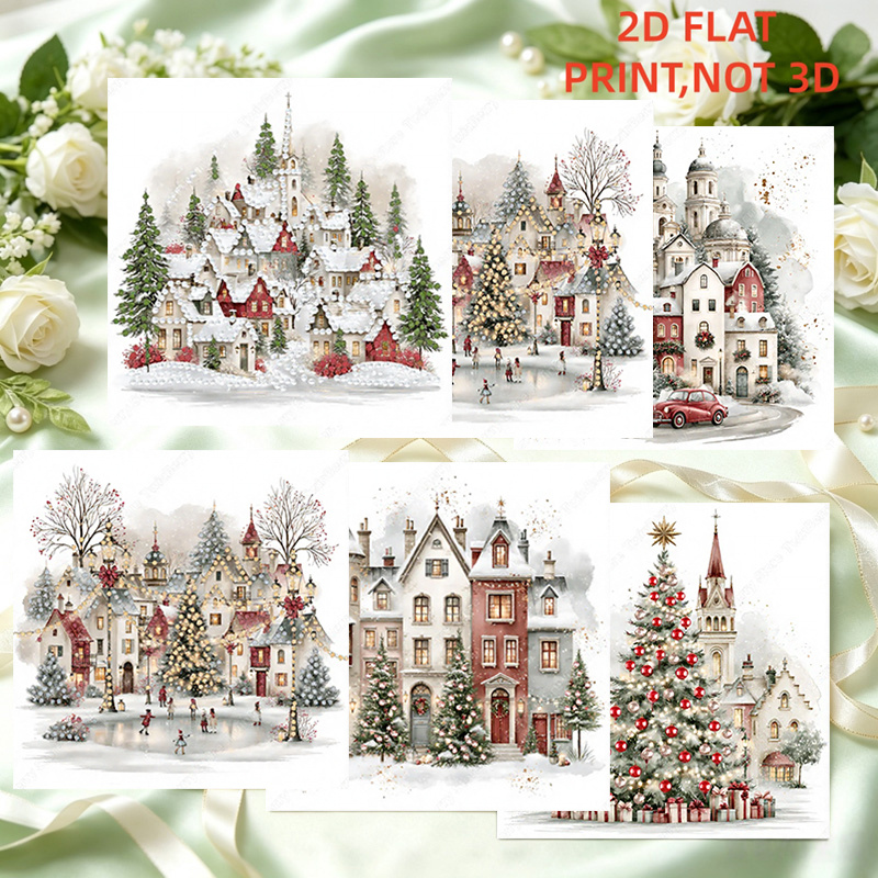 TEMU 6pcs Winter Christmas Snowy Town Scene 2d Flat Diy Diamond Painting Greeting Card Set, European-style Ice And Christmas Tree Watercolor