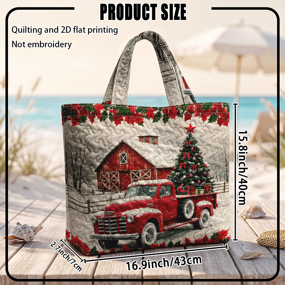 TEMU 2d Flat, 1pc Christmas Truck With Tree And Barn Quilted Hand Tote Bag, For Men And Women, Perfect For Daily Use, Mall Shopping - Age Groups,
