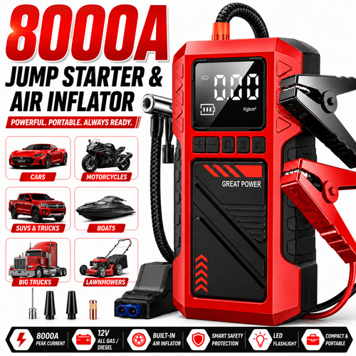 item picture 8000a car jump starter with air compressor 180psi portable tire inflator 12v heavy duty auto battery all 0l jump bank with led light safety hammer 10 in 1 emergency car kit