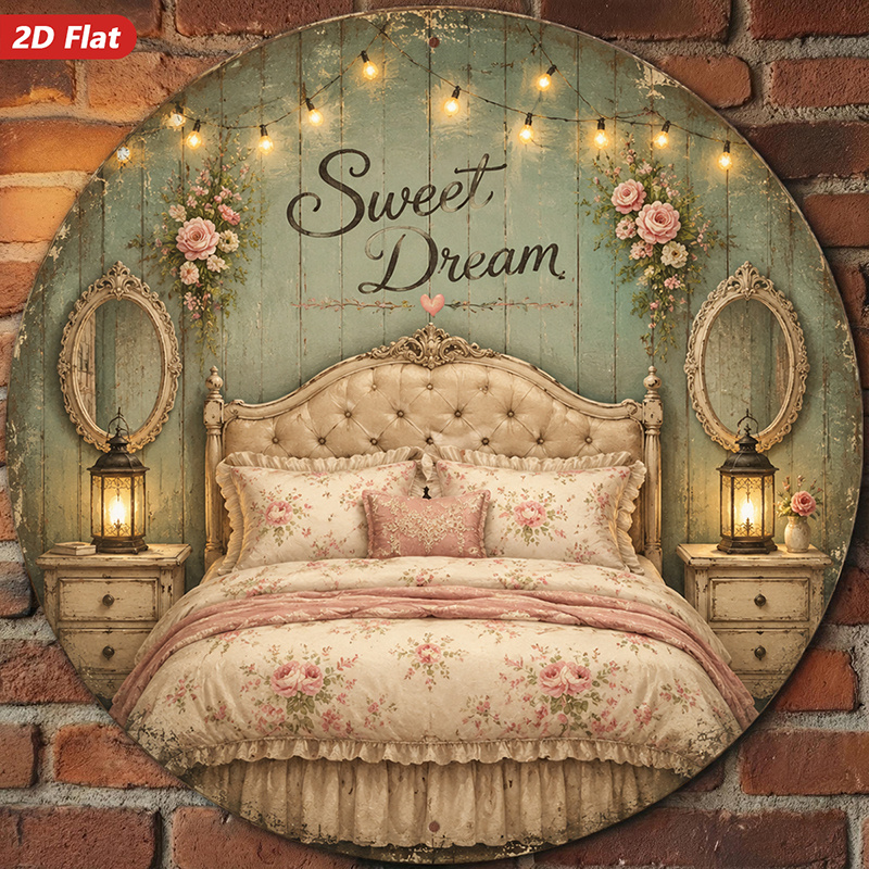 TEMU Decorazione da parete 2D piatta, 1 pz. Targa in metallo " Bedroom", letto con , specchi da trucco vintage, decorazioni per la casa, luci stringa