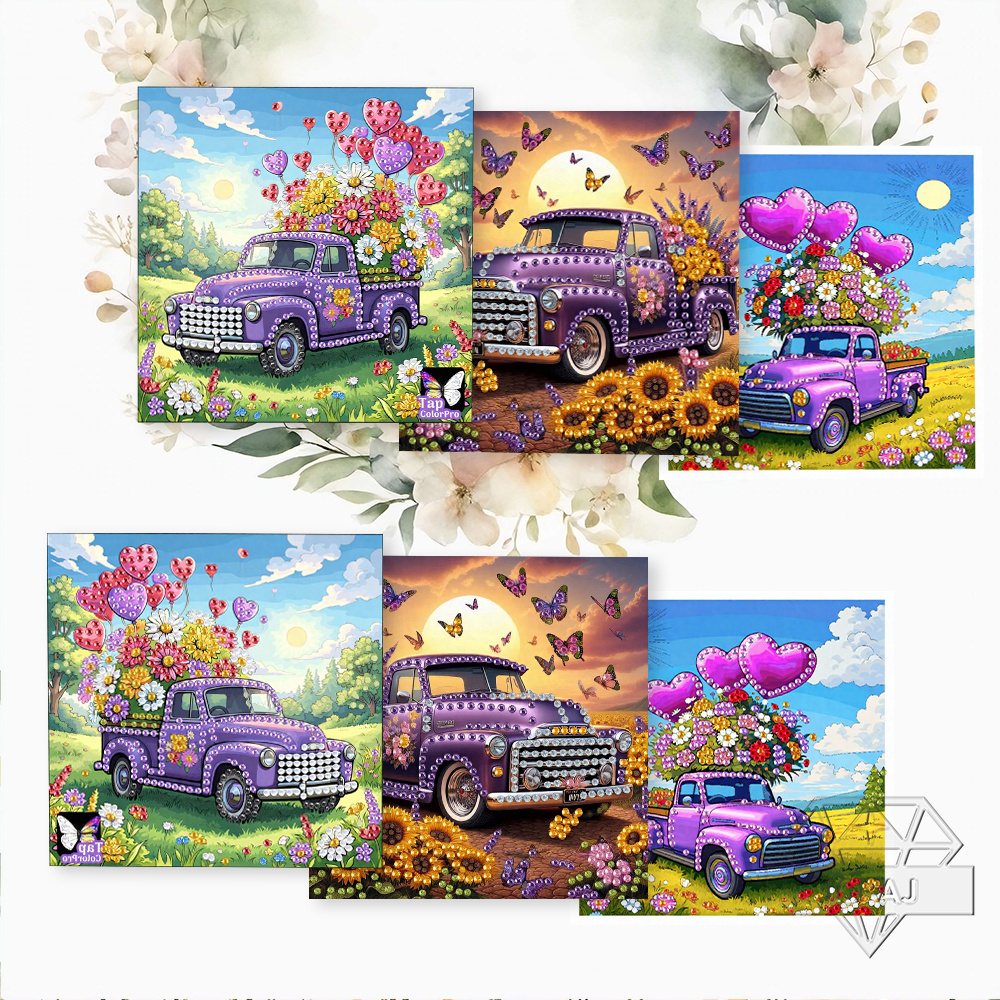 TEMU 6pcs Painting Greeting Card Set, Cartoon Beautiful Flower Car And Floral Patterns, Adult Handmade Kit, Birthday Gift Pre-printed Backside, Warm