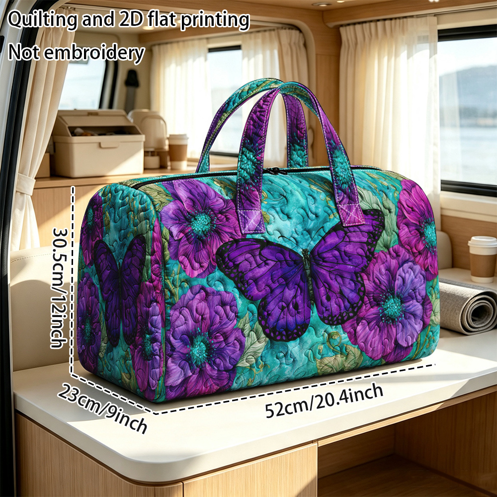 TEMU Non-food Contact, 1pc Quilting And 2d Flat Printing Quilted Duffle Bag, Purple And Flowers Pattern Quilted Large Capacity Tote Travel Bag,