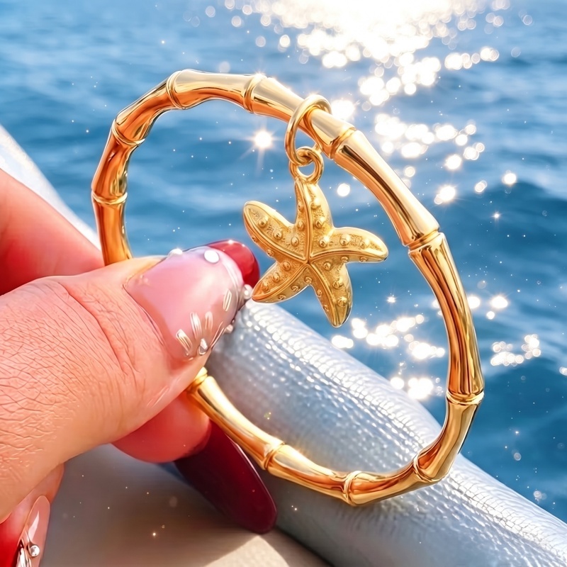 Women's 18K Gold Plated Bamboo Bangle Bracelet, Starfish Charm