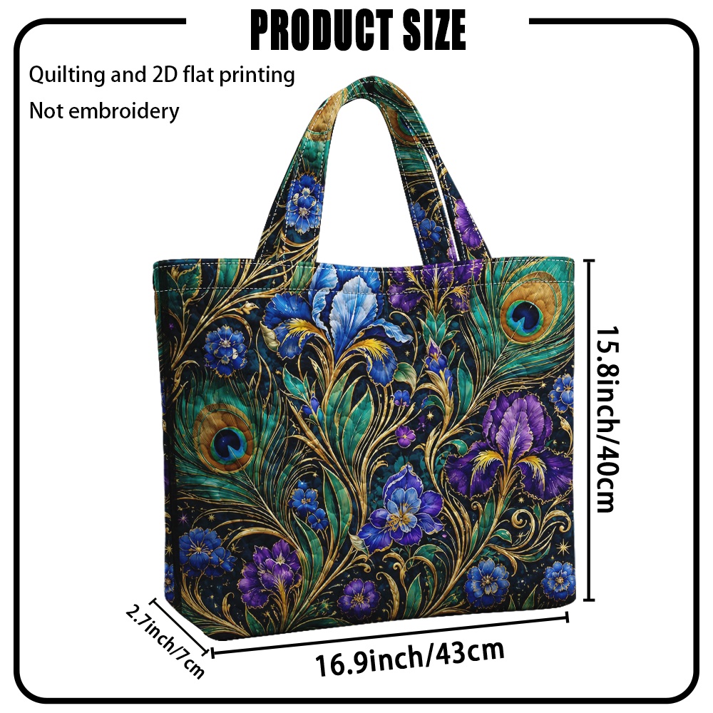 TEMU 2d Flat, 1pc Quilted Tote Handbag With Peacock Feathers And Printed (not ). Large Capacity, Reusable Cute And Bags For Women, Perfect For