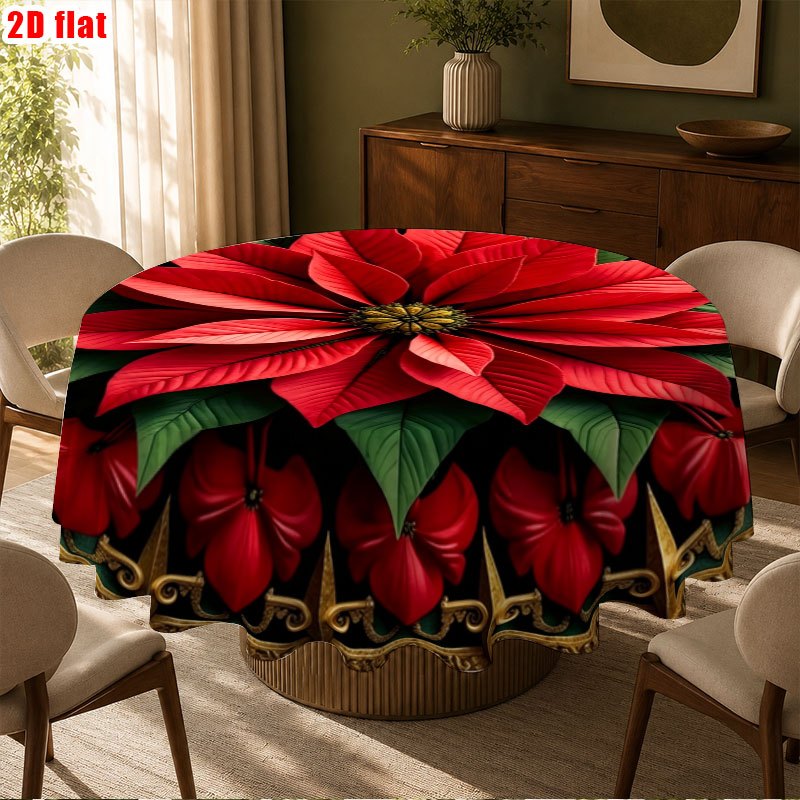 TEMU Party Tablecloth/round Tablecloth 1pc, Christmas Dining Round Tablecloth Featuring Vibrant Poinsettia & Green Leaves With Golden Ornate Border -