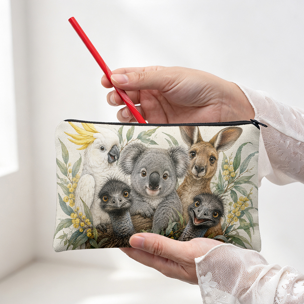 TEMU 1 Pencil Case, Australian Animal Cute Portrait Print Fabric Pencil Case, Zipper Closure Office Stationery Storage Pouch, Portable Stationery