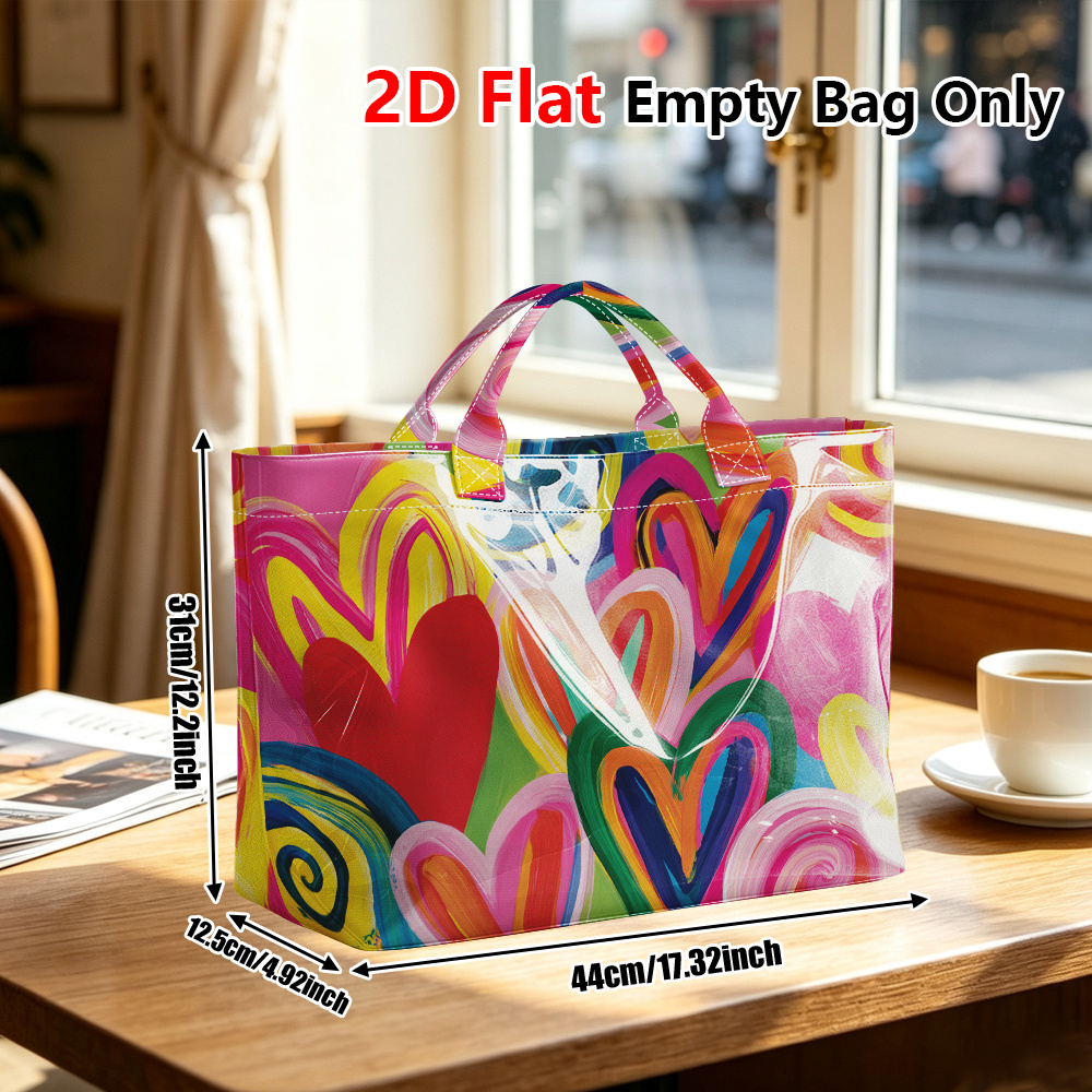 TEMU 1pc Reusable Grocery Bags, 2d Flat Colorful Hearts Women's Glossy Pvc Tote Bag, Large Capacity Single Handbag, Lightweight Casual Bag For Daily