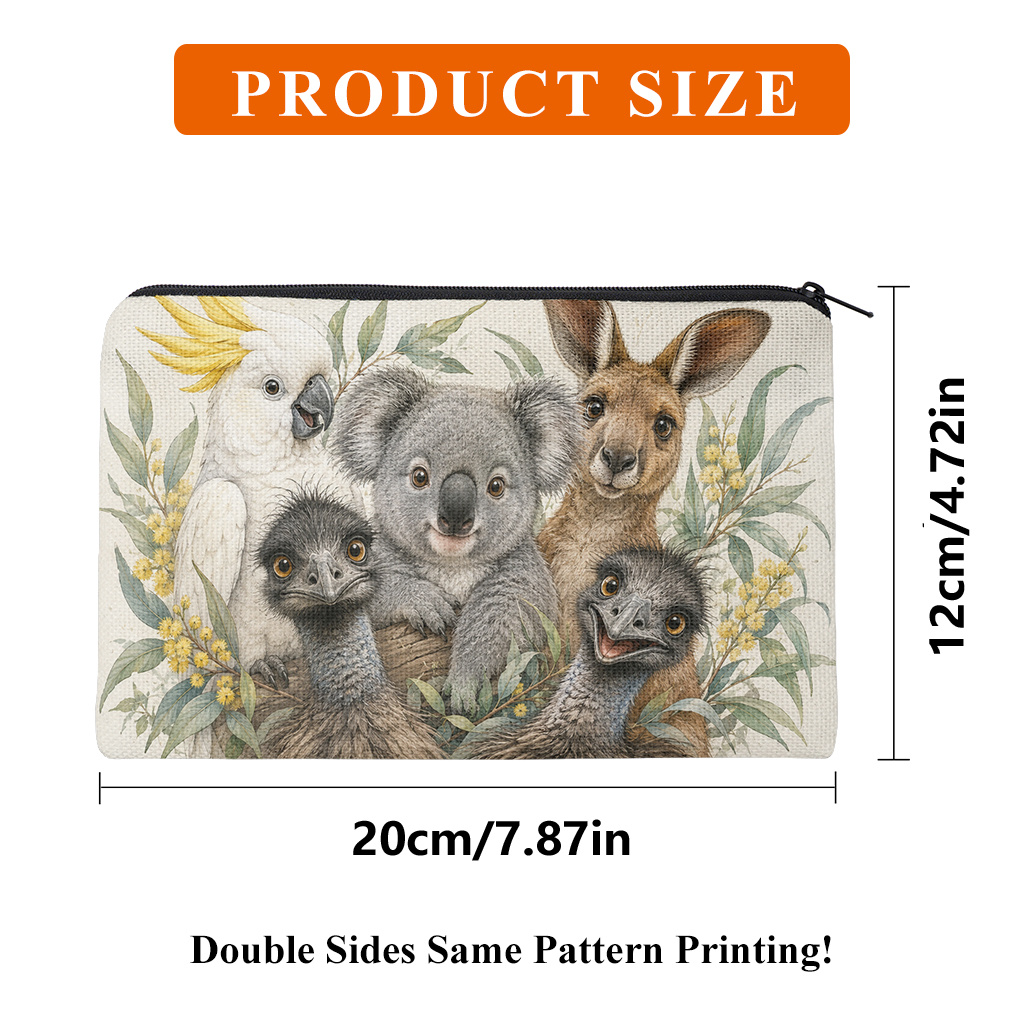 TEMU Pencil Case 1pc, Australian Animals Portrait Double Sided Print Linen Pencil Case, Office Stationery Storage Bag With Zipper Closure, Portable
