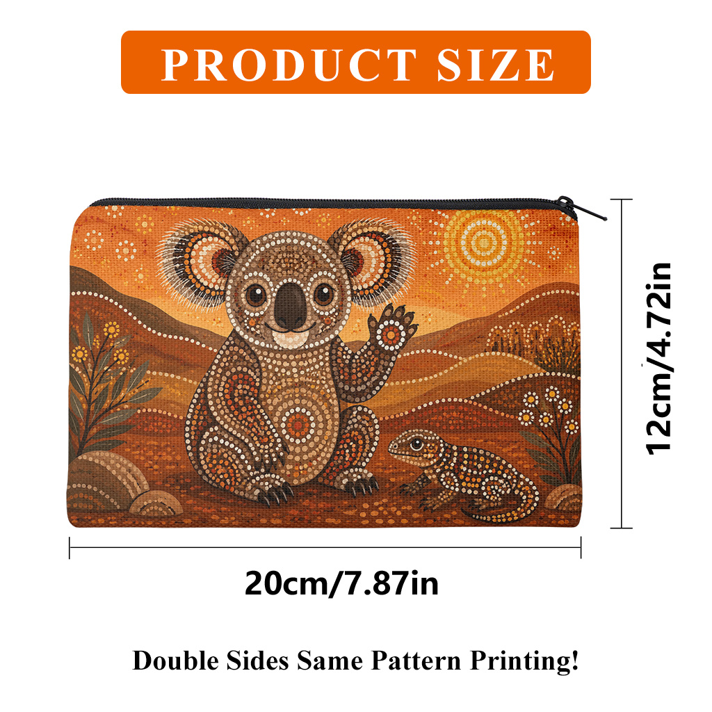 TEMU 1pc Australian Animal Print Pencil Case Suitable For School, Office & Travel - Double-sided Zippered Linen Organizer Bag With Koala & Design,