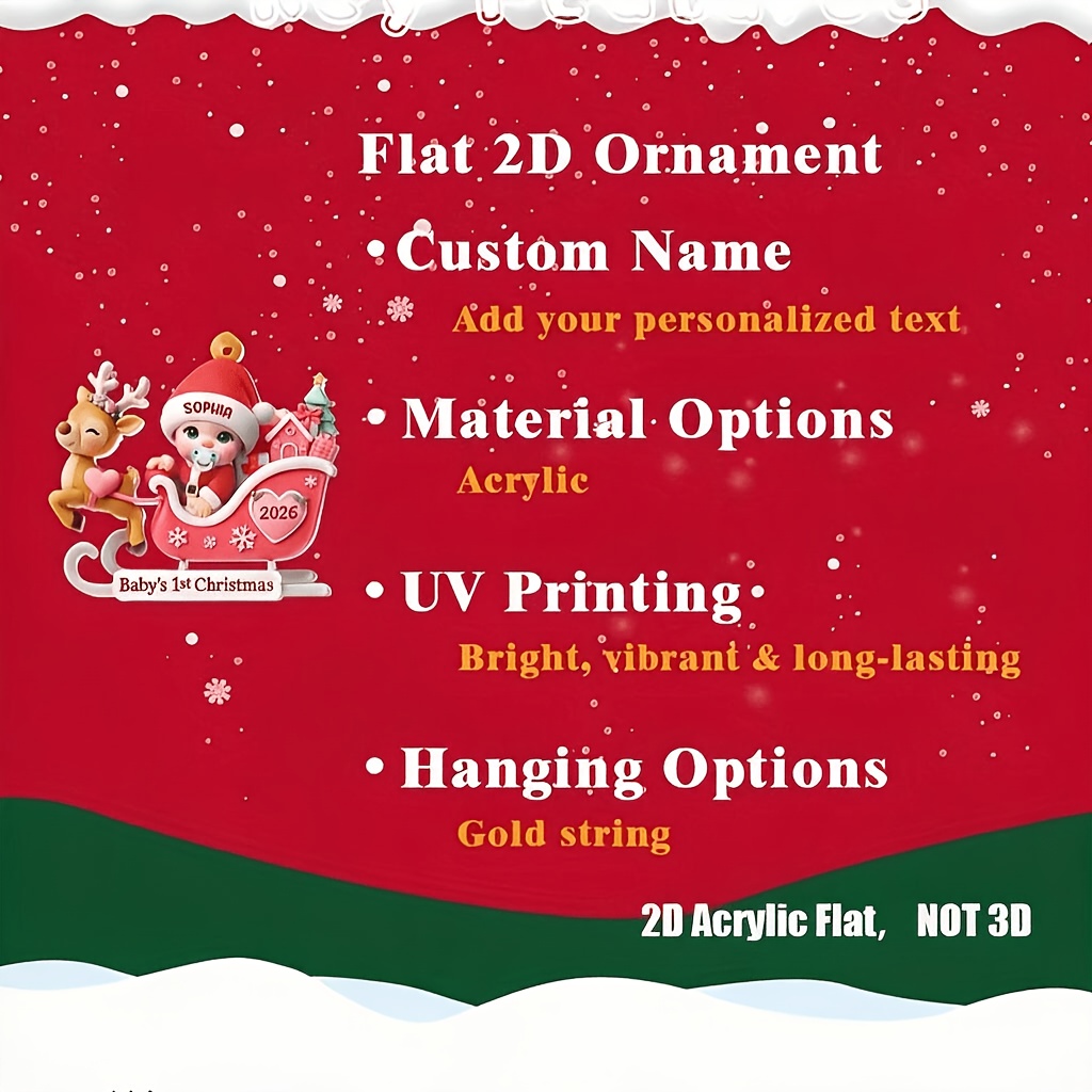 Personalized 2D Flat Acrylic Christmas Ornament, Custom Name & Year