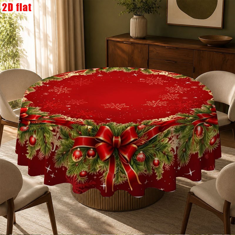 TEMU Party Tablecloth/round Tablecloth 1pc, Christmas Dining Round Tablecloth Featuring Wreath, & Snowflakes â Elegant Holiday Dinner Table Cover Fo