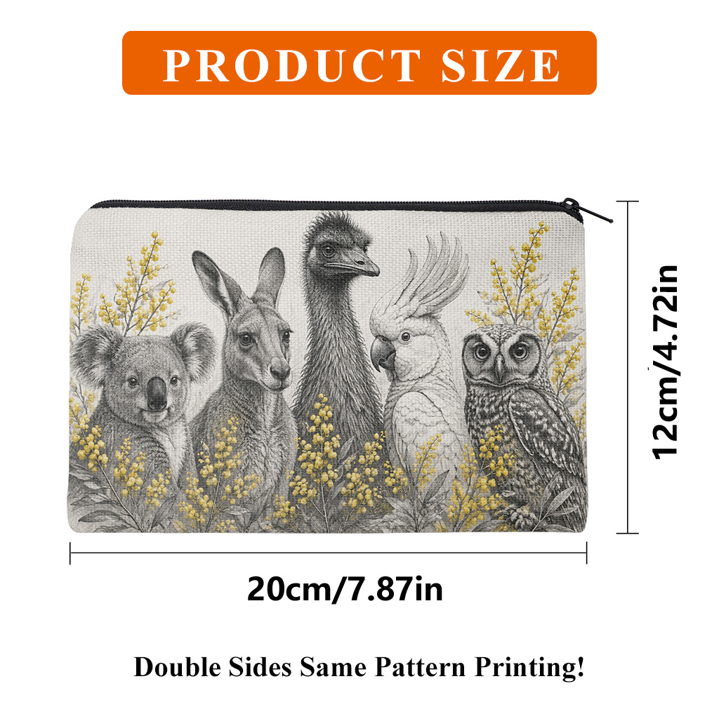 TEMU Pencil Case 1pc, Australian Animals And Yellow Flowers Double Sided Print Linen Pencil Case, Office Stationery Storage Bag With Zipper Closure,
